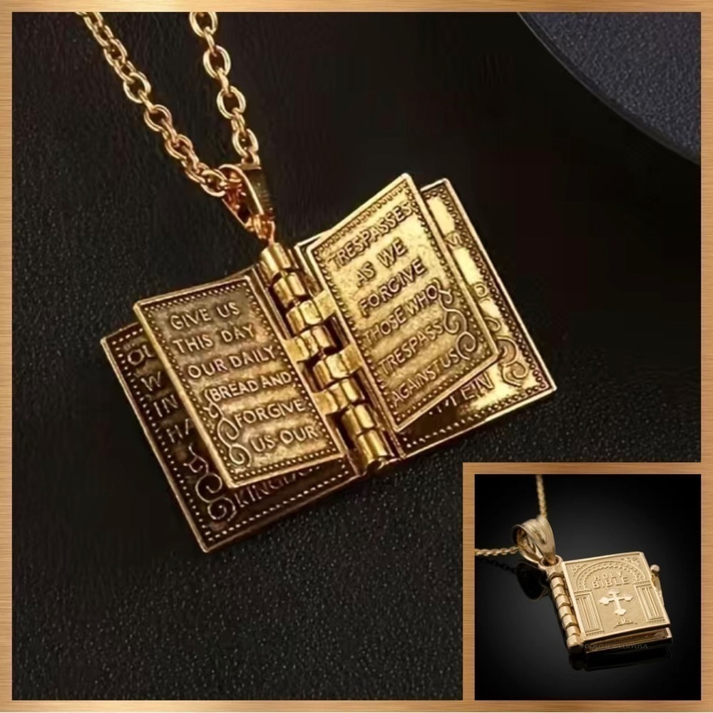 Holy Bible with The Lord's Prayer Necklace / Pendant #1107 (gold tone)
